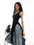 QIUQIU STUDIO Black Lace Patchwork Ruffle Irregular Hem Slim Women&