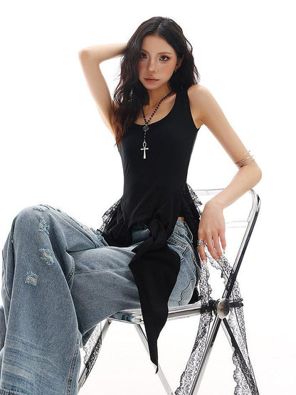 QIUQIU STUDIO Black Lace Patchwork Ruffle Irregular Hem Slim Women&
