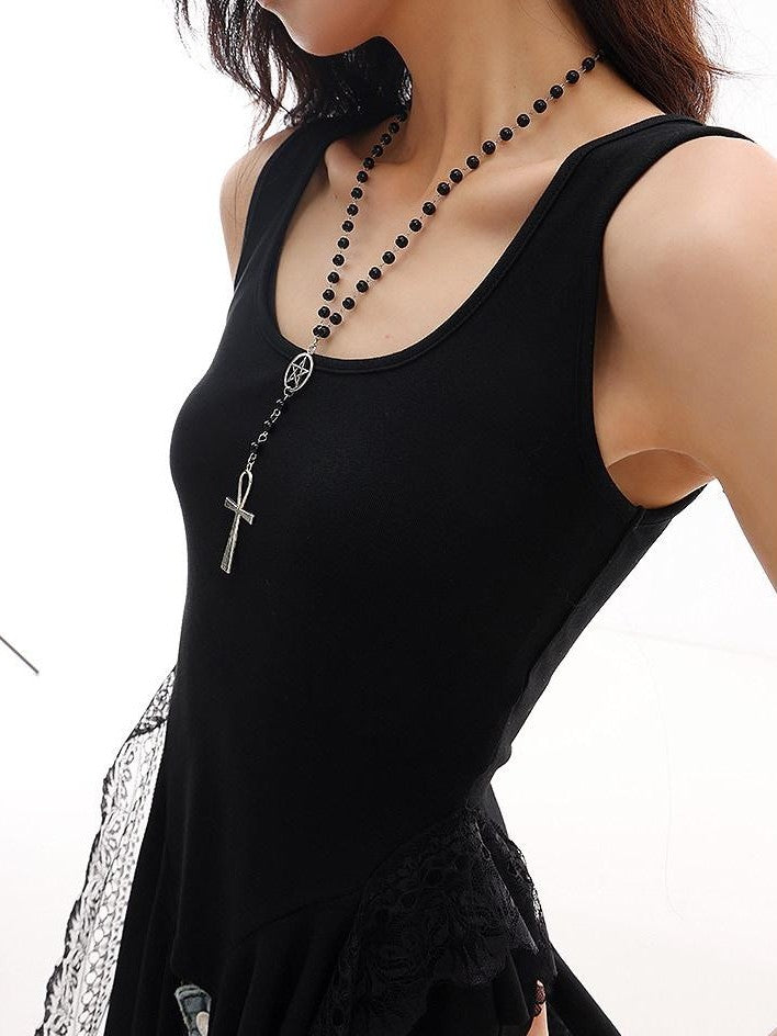 QIUQIU STUDIO Black Lace Patchwork Ruffle Irregular Hem Slim Women&