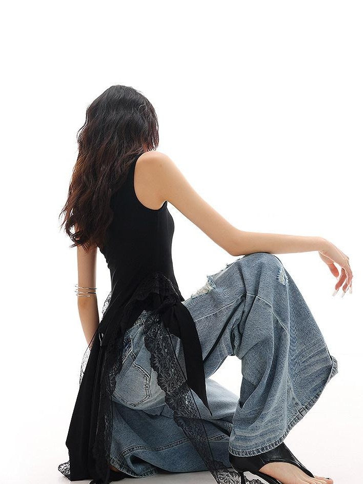QIUQIU STUDIO Black Lace Patchwork Ruffle Irregular Hem Slim Women&