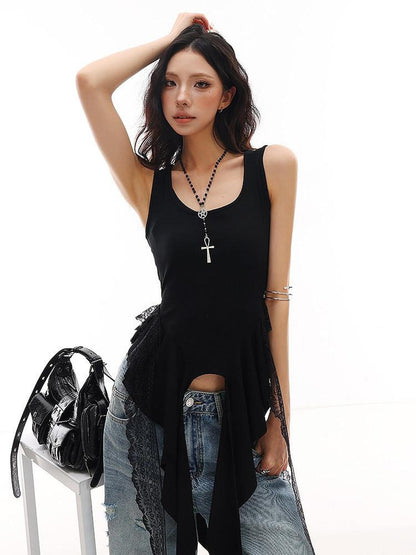 QIUQIU STUDIO Black Lace Patchwork Ruffle Irregular Hem Slim Women&