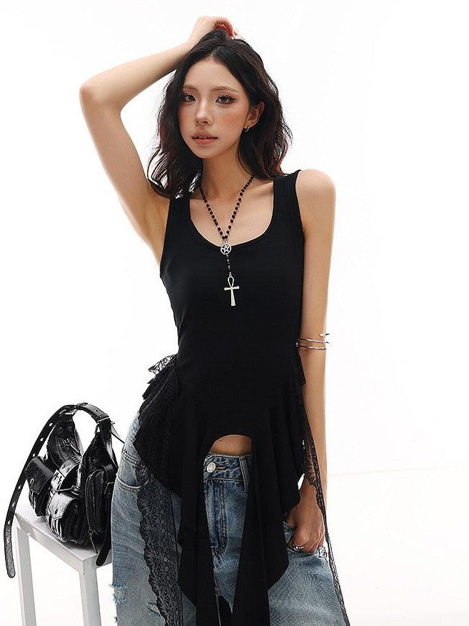 QIUQIU STUDIO Black Lace Patchwork Ruffle Irregular Hem Slim Women&