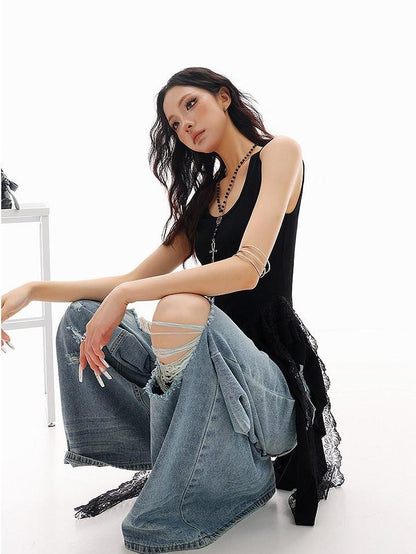 QIUQIU STUDIO Black Lace Patchwork Ruffle Irregular Hem Slim Women&