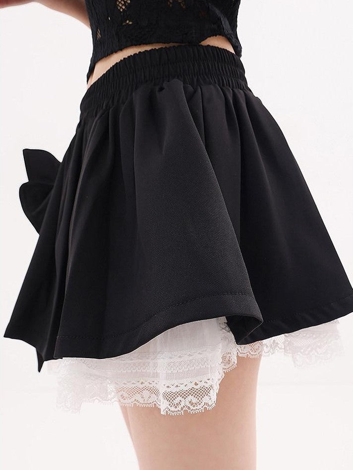 QIUQIU STUDIO Black Lace Trim Bow Puff Patchwork Women&