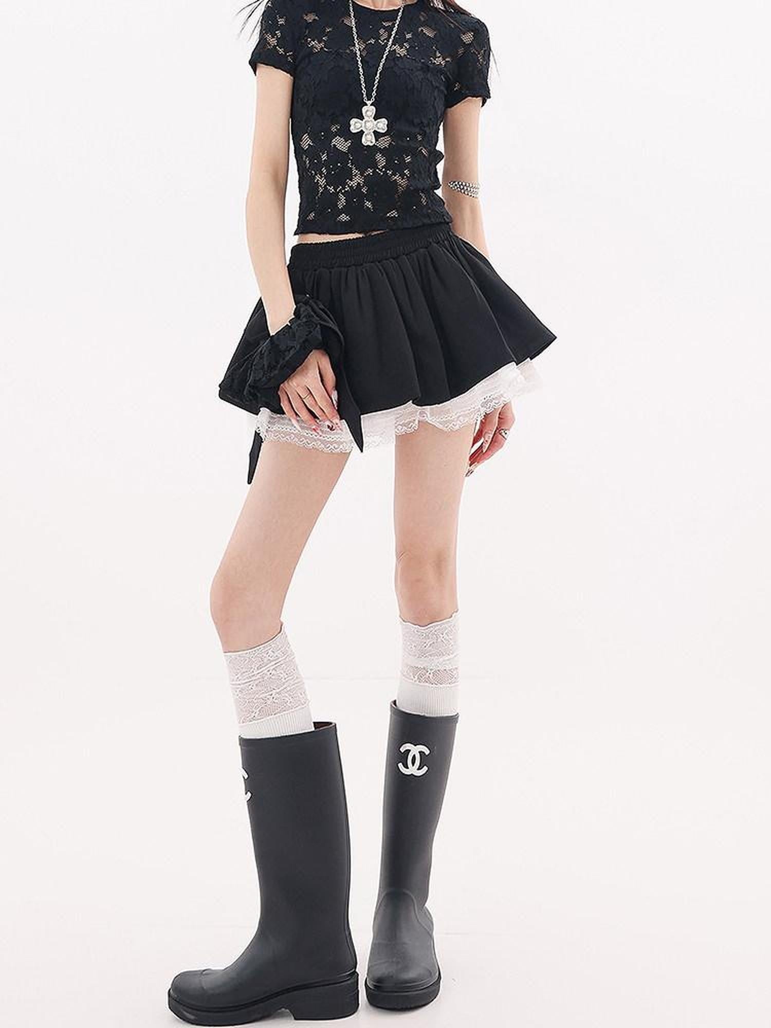 QIUQIU STUDIO Black Lace Trim Bow Puff Patchwork Women&