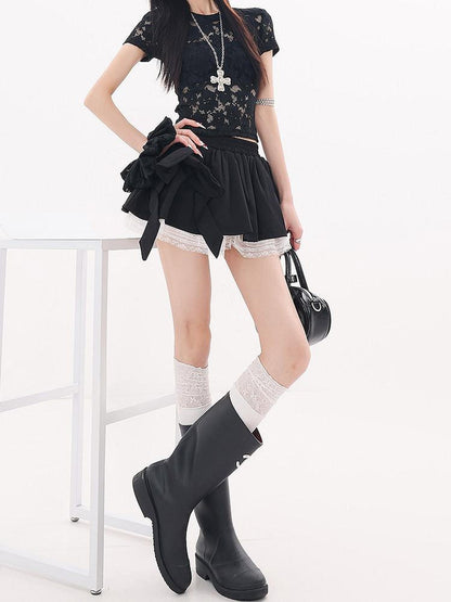 QIUQIU STUDIO Black Lace Trim Bow Puff Patchwork Women&