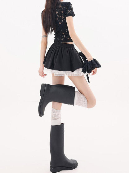 QIUQIU STUDIO Black Lace Trim Bow Puff Patchwork Women&