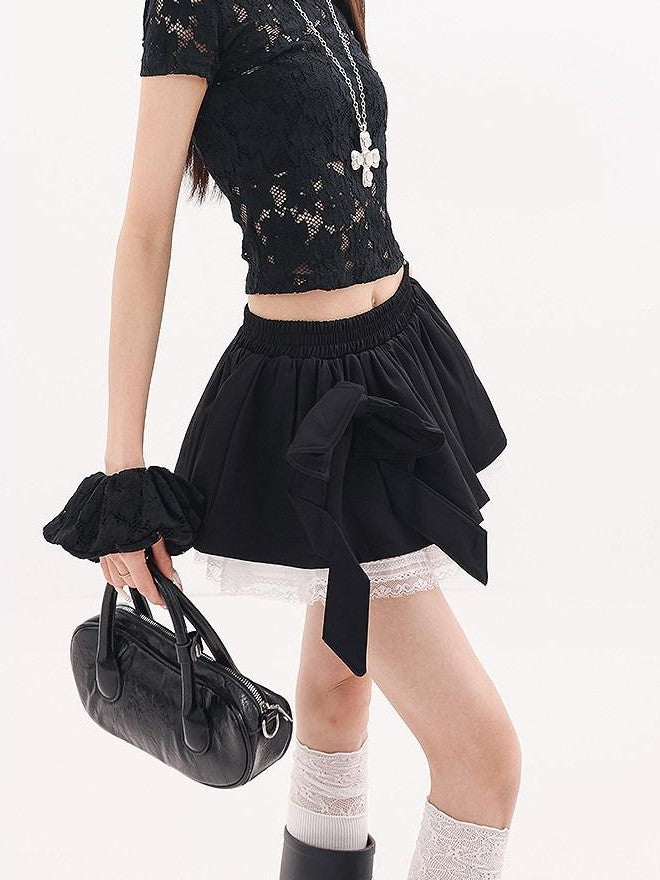 QIUQIU STUDIO Black Lace Trim Bow Puff Patchwork Women&