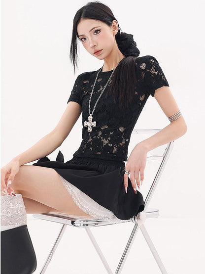 QIUQIU STUDIO Black Lace Trim Bow Puff Patchwork Women&