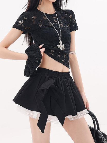QIUQIU STUDIO Black Lace Trim Bow Puff Patchwork Women&
