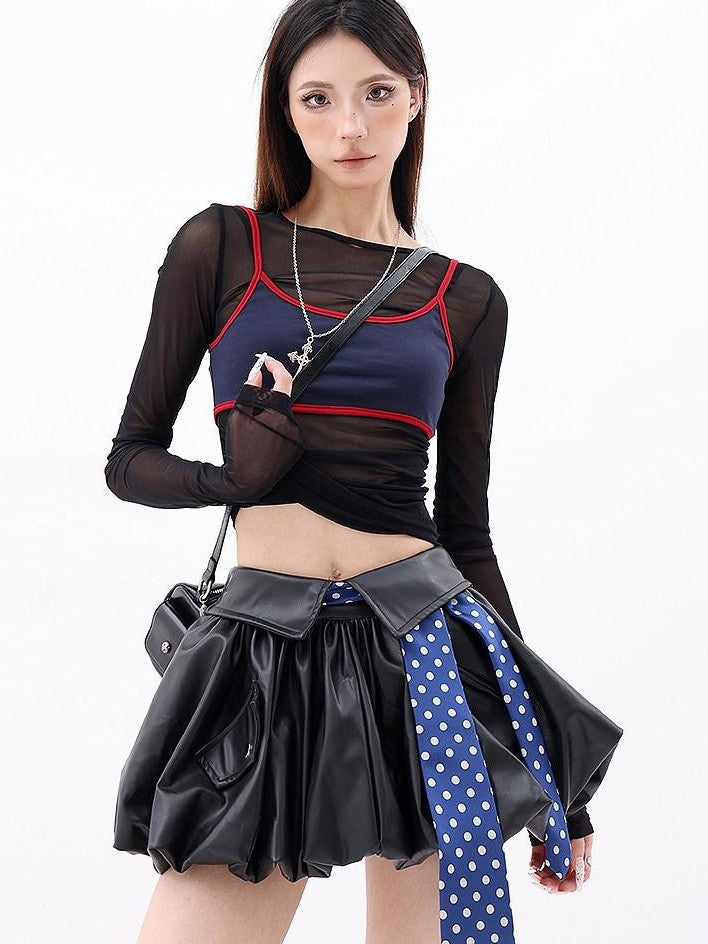 QIUQIU STUDIO Black Layered Sheer Slim Fit Spicy Girl Round Neck Women&