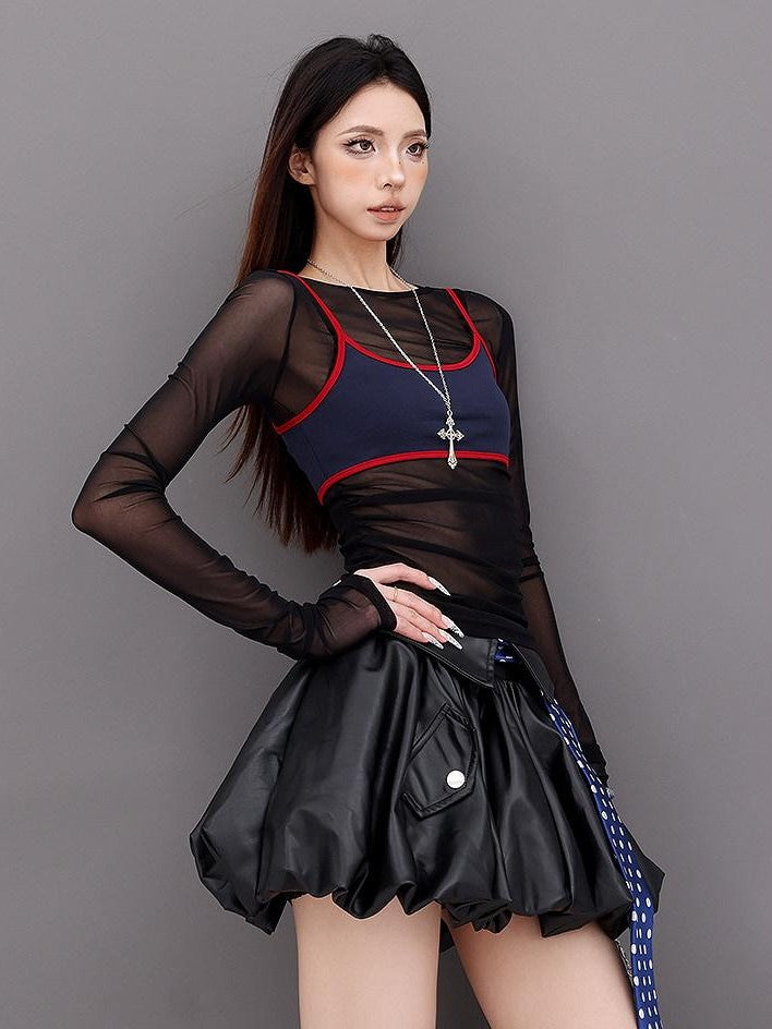 QIUQIU STUDIO Black Layered Sheer Slim Fit Spicy Girl Round Neck Women&
