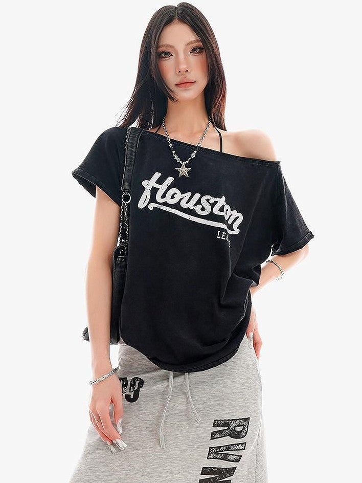 QIUQIU STUDIO Black Letter Print One Shoulder Cropped Women&