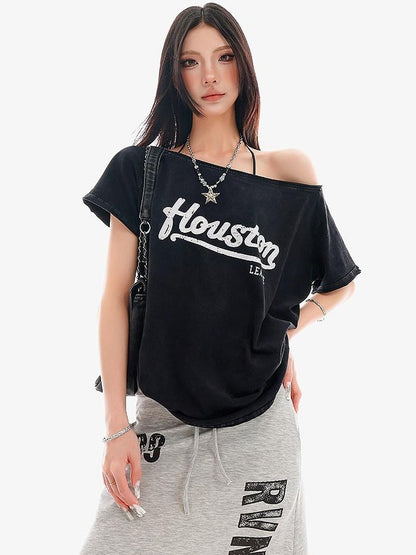QIUQIU STUDIO Black Letter Print One Shoulder Cropped Women&