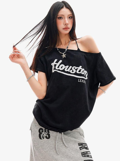 QIUQIU STUDIO Black Letter Print One Shoulder Cropped Women&