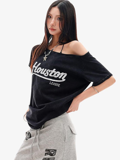 QIUQIU STUDIO Black Letter Print One Shoulder Cropped Women&