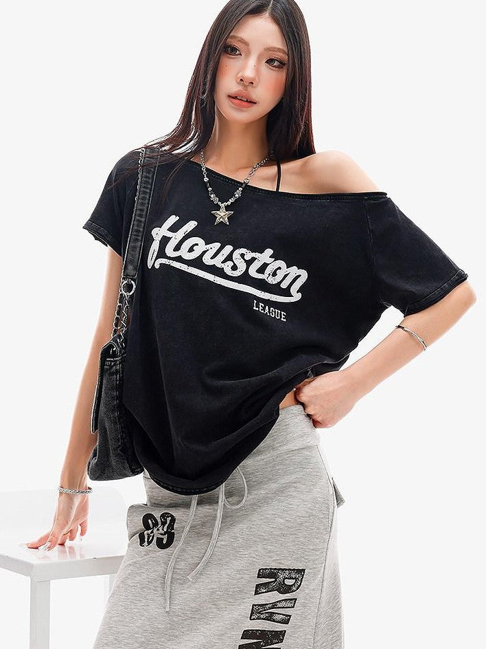 QIUQIU STUDIO Black Letter Print One Shoulder Cropped Women&