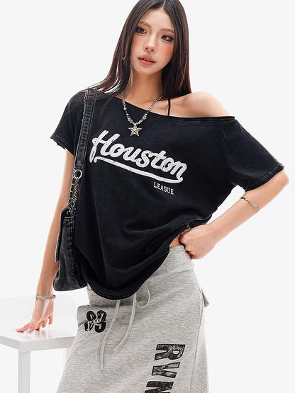 QIUQIU STUDIO Black Letter Print One Shoulder Cropped Women&