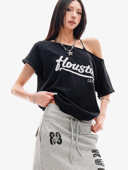 QIUQIU STUDIO Black Letter Print One Shoulder Cropped Women&