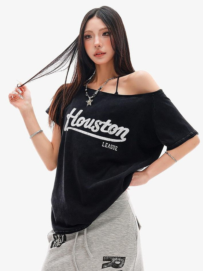 QIUQIU STUDIO Black Letter Print One Shoulder Cropped Women&