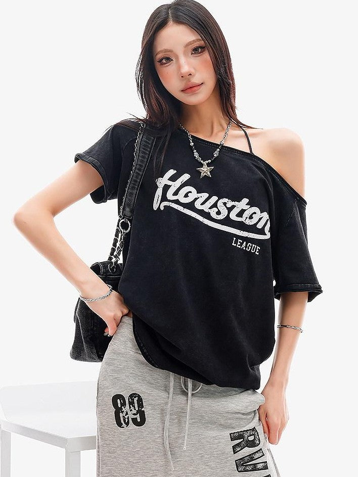 QIUQIU STUDIO Black Letter Print One Shoulder Cropped Women&