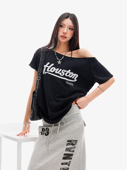 QIUQIU STUDIO Black Letter Print One Shoulder Cropped Women&