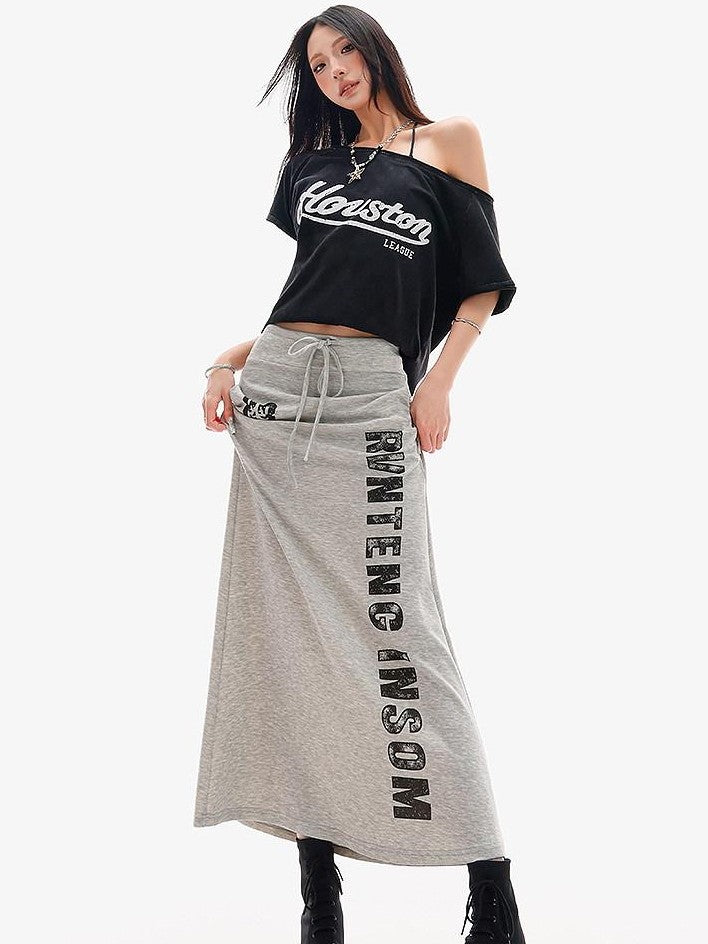 QIUQIU STUDIO Black Letter Print One Shoulder Cropped Women&