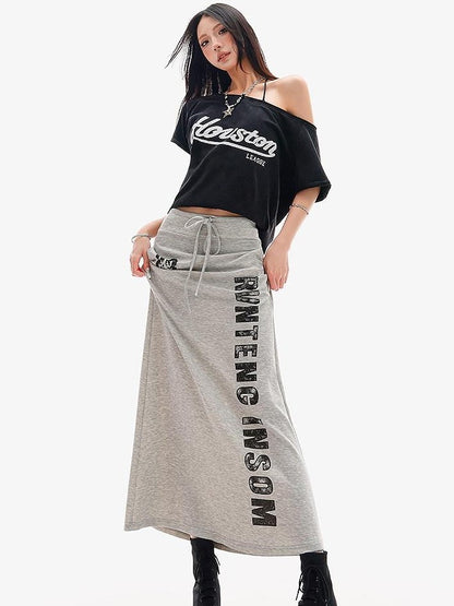 QIUQIU STUDIO Black Letter Print One Shoulder Cropped Women&