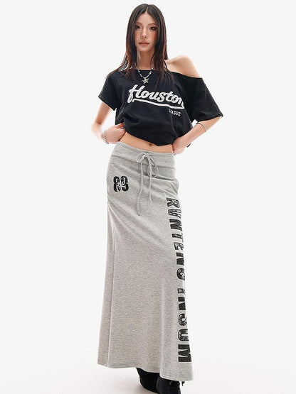 QIUQIU STUDIO Black Letter Print One Shoulder Cropped Women&