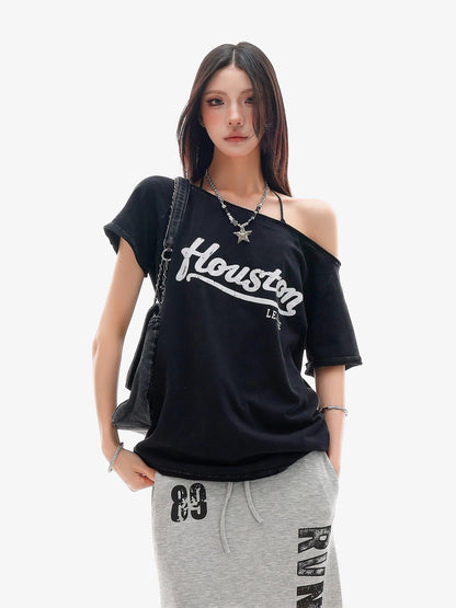 QIUQIU STUDIO Black Letter Print One Shoulder Cropped Women&