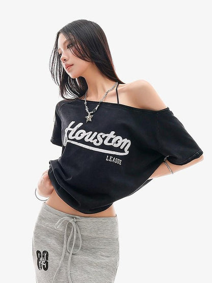 QIUQIU STUDIO Black Letter Print One Shoulder Cropped Women&