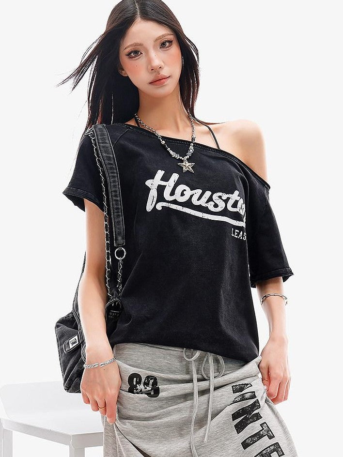 QIUQIU STUDIO Black Letter Print One Shoulder Cropped Women&