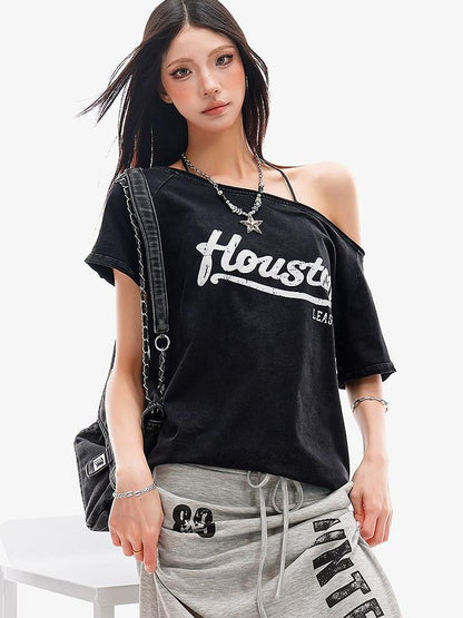 QIUQIU STUDIO Black Letter Print One Shoulder Cropped Women&