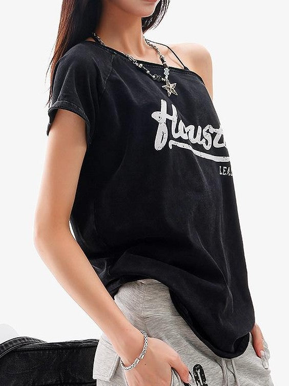 QIUQIU STUDIO Black Letter Print One Shoulder Cropped Women&