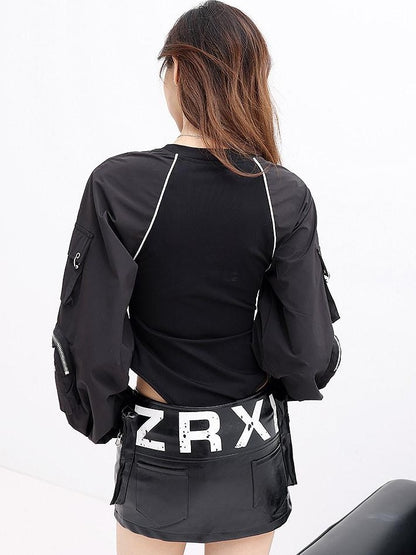 QIUQIU STUDIO Black Letter Print Raglan Splice Crewneck Women&