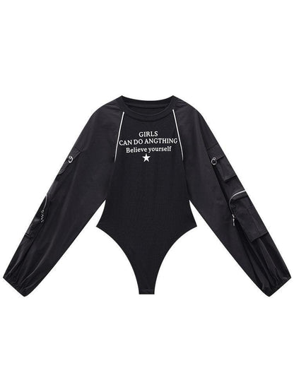 QIUQIU STUDIO Black Letter Print Raglan Splice Crewneck Women&