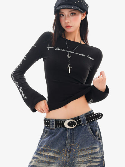 QIUQIU STUDIO Black Letter Print Round Neck Women&