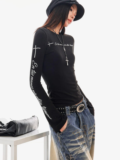 QIUQIU STUDIO Black Letter Print Round Neck Women&