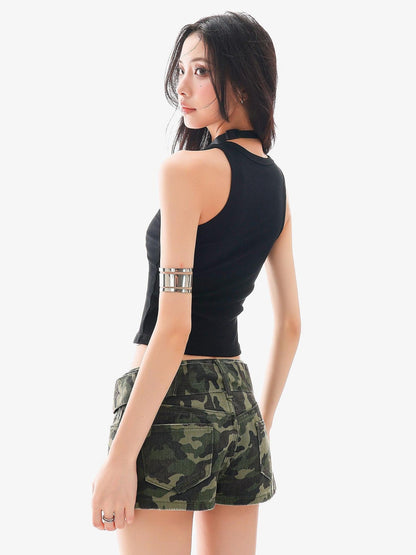 QIUQIU STUDIO Black Letter Print Sexy Cropped Sleeveless Slim Fit Women&