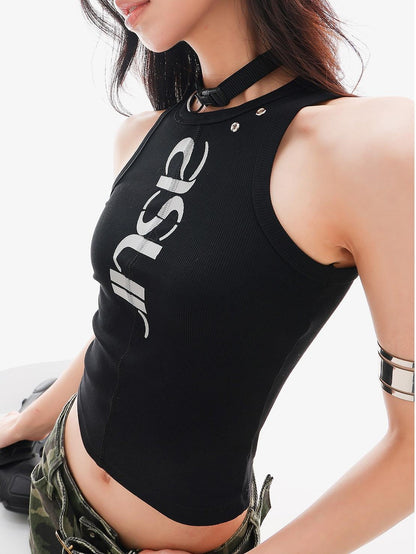 QIUQIU STUDIO Black Letter Print Sexy Cropped Sleeveless Slim Fit Women&