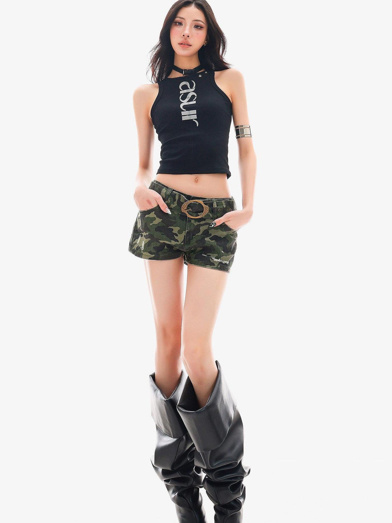 QIUQIU STUDIO Black Letter Print Sexy Cropped Sleeveless Slim Fit Women&