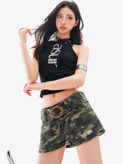 QIUQIU STUDIO Black Letter Print Sexy Cropped Sleeveless Slim Fit Women&