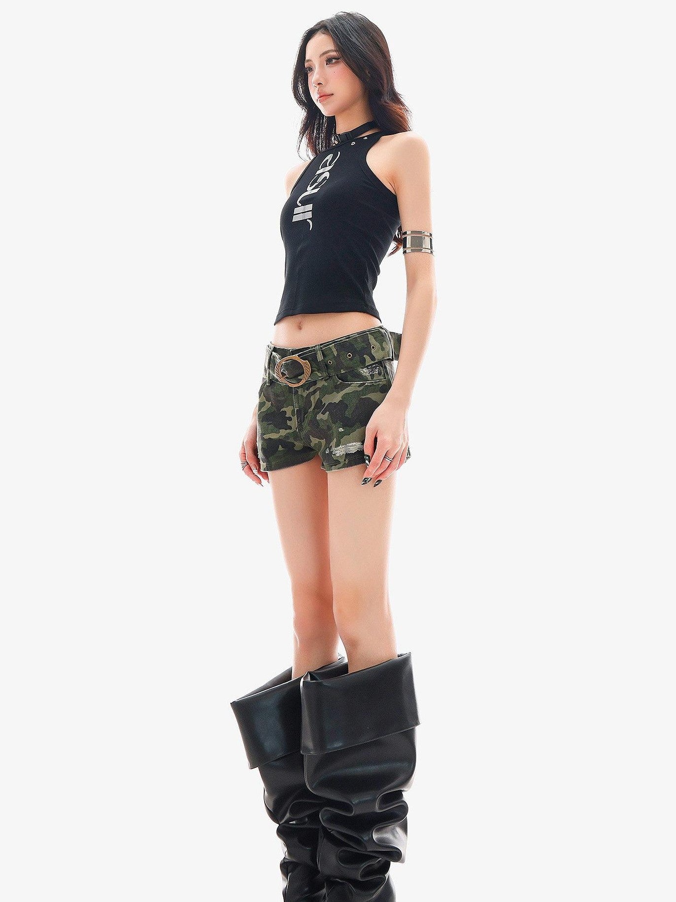 QIUQIU STUDIO Black Letter Print Sexy Cropped Sleeveless Slim Fit Women&