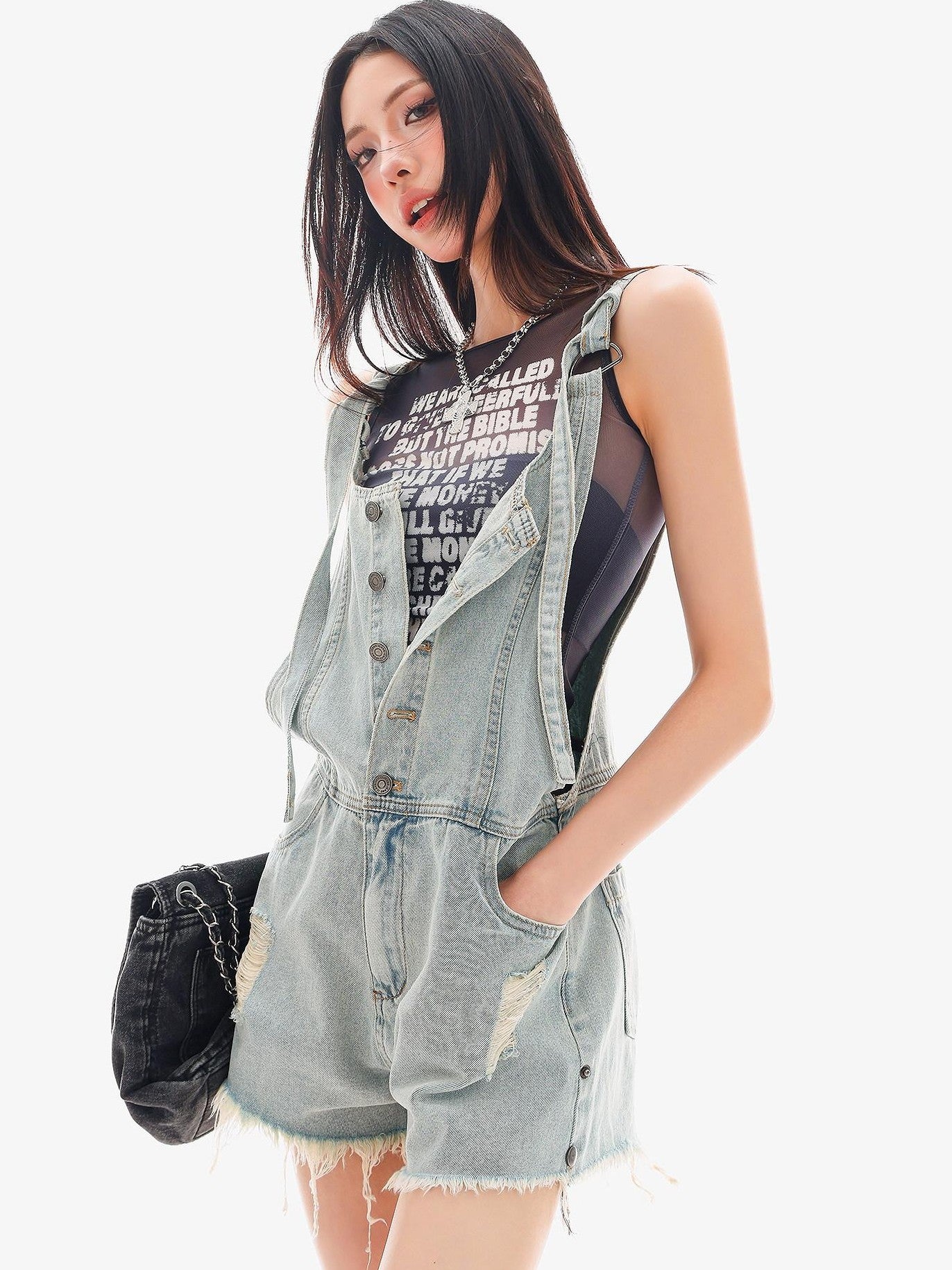 QIUQIU STUDIO Black Letter Print Sheer Mesh Slim Fit Women&