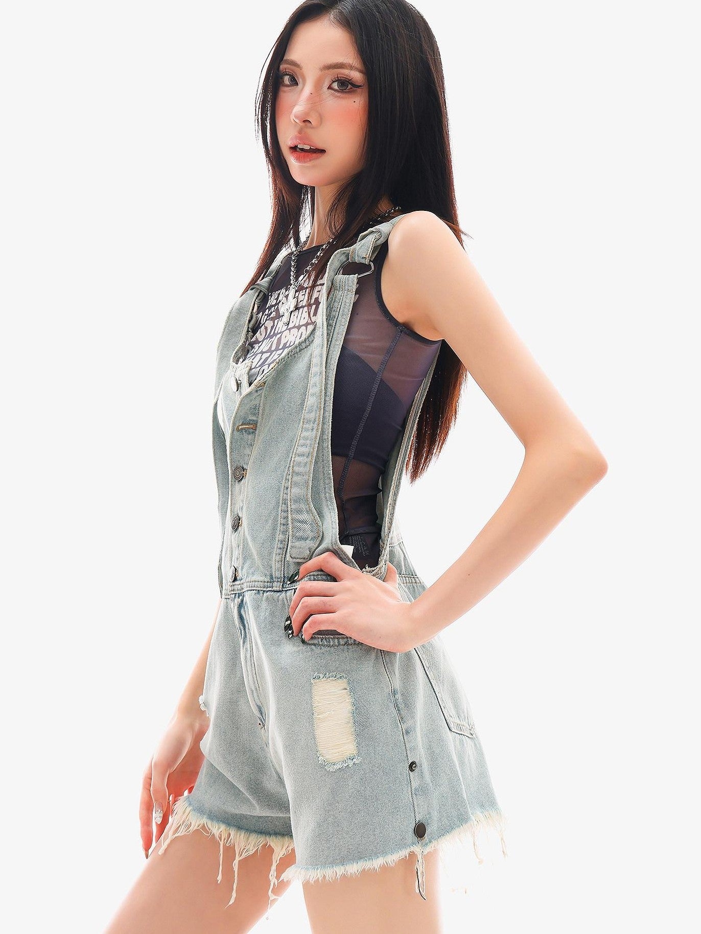 QIUQIU STUDIO Black Letter Print Sheer Mesh Slim Fit Women&