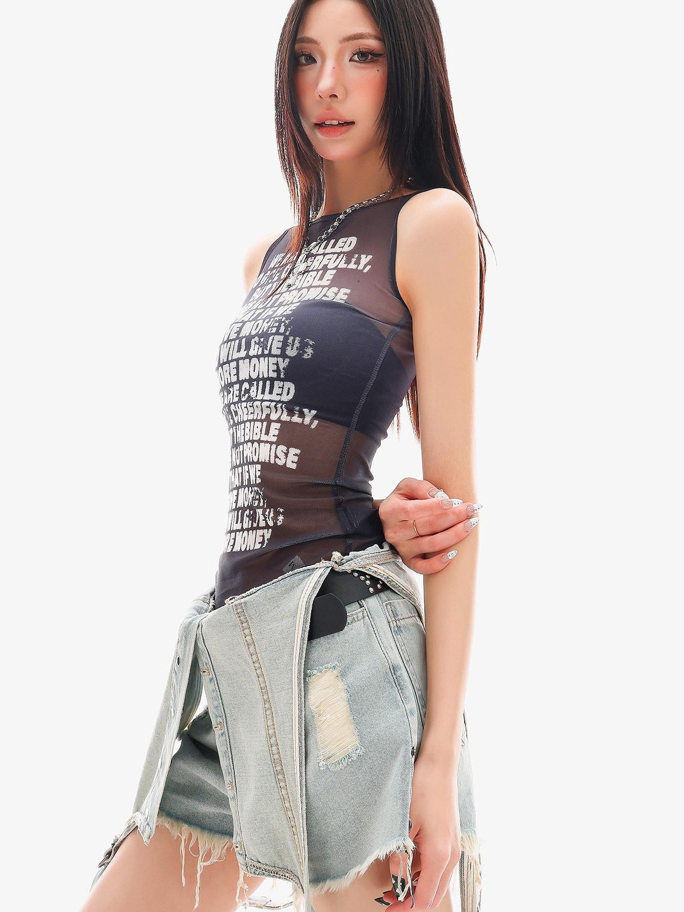 QIUQIU STUDIO Black Letter Print Sheer Mesh Slim Fit Women&