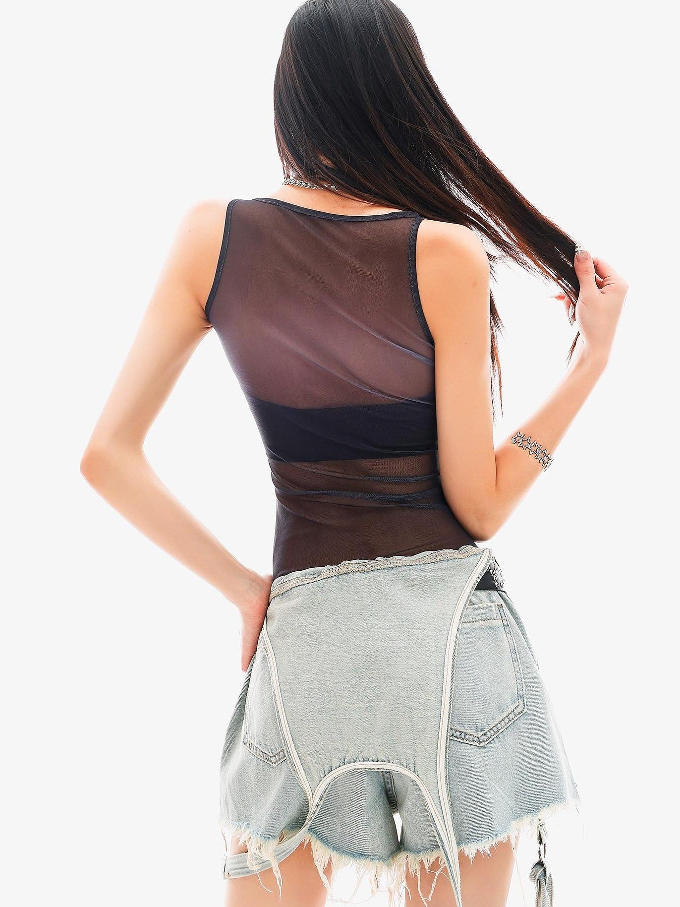 QIUQIU STUDIO Black Letter Print Sheer Mesh Slim Fit Women&