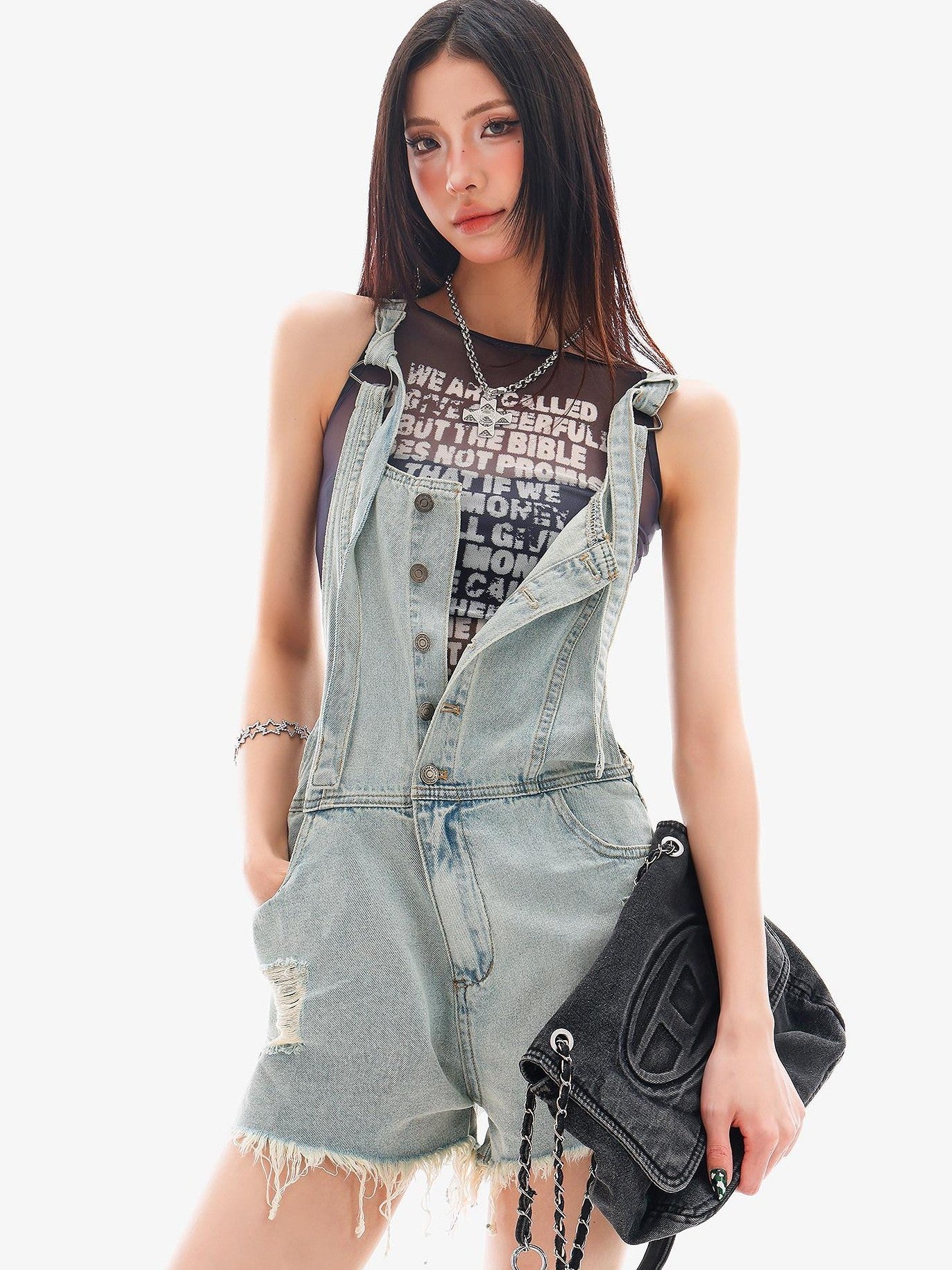QIUQIU STUDIO Black Letter Print Sheer Mesh Slim Fit Women&