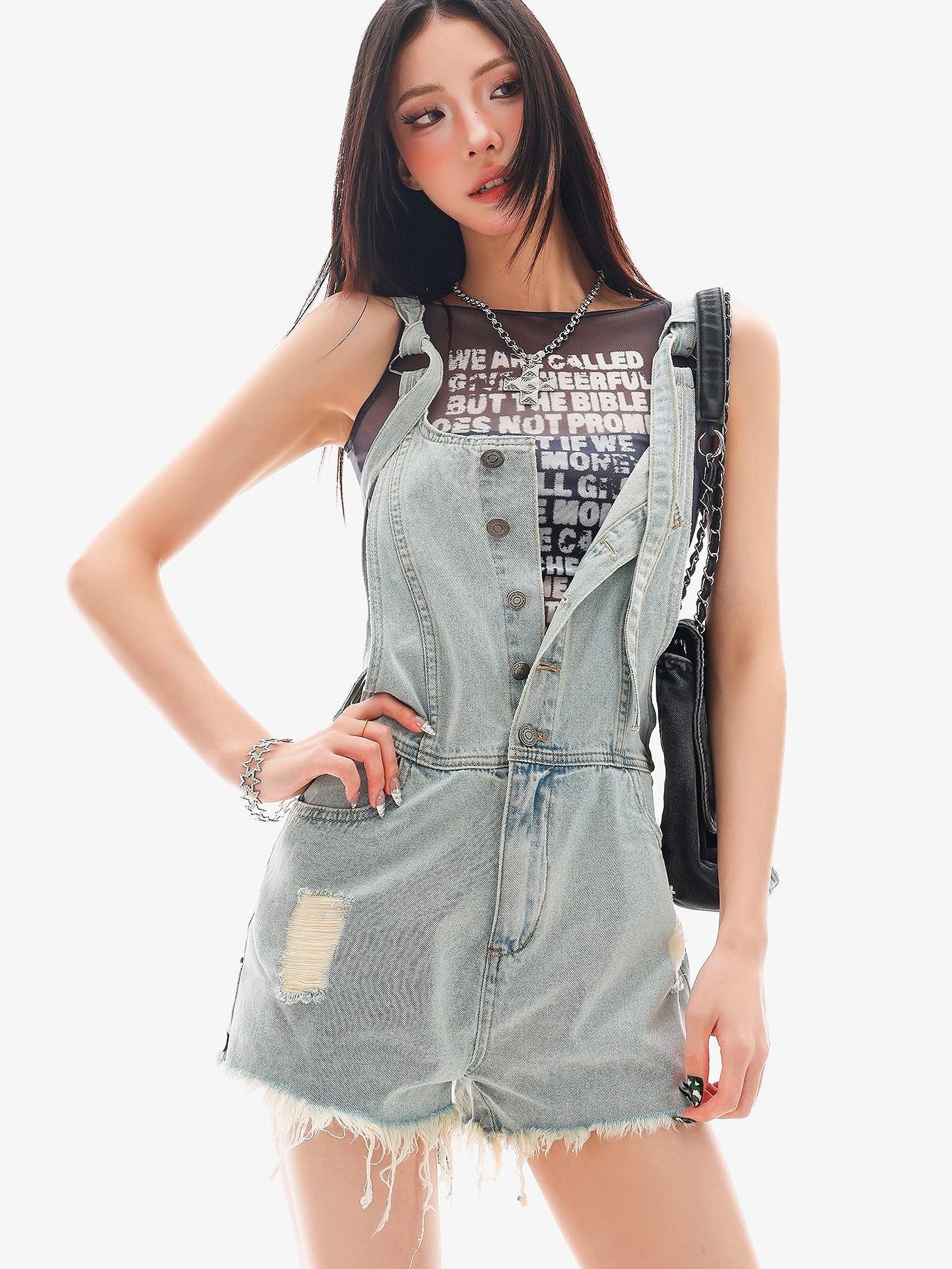 QIUQIU STUDIO Black Letter Print Sheer Mesh Slim Fit Women&
