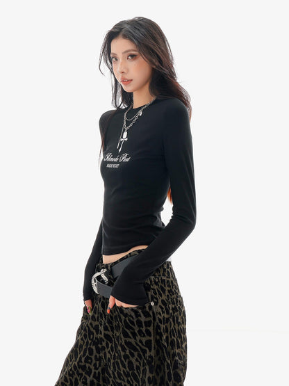 QIUQIU STUDIO Black Letter Print Slim Fit Crew Neck Women&